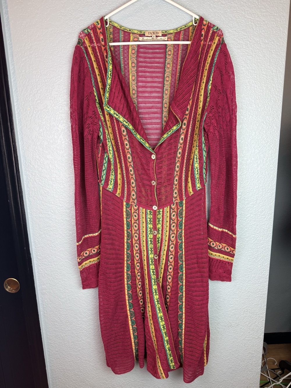 IVKO Jacket Womens 40 Red Linen Knit Long Sheer Striped Button Boho Duster 31624